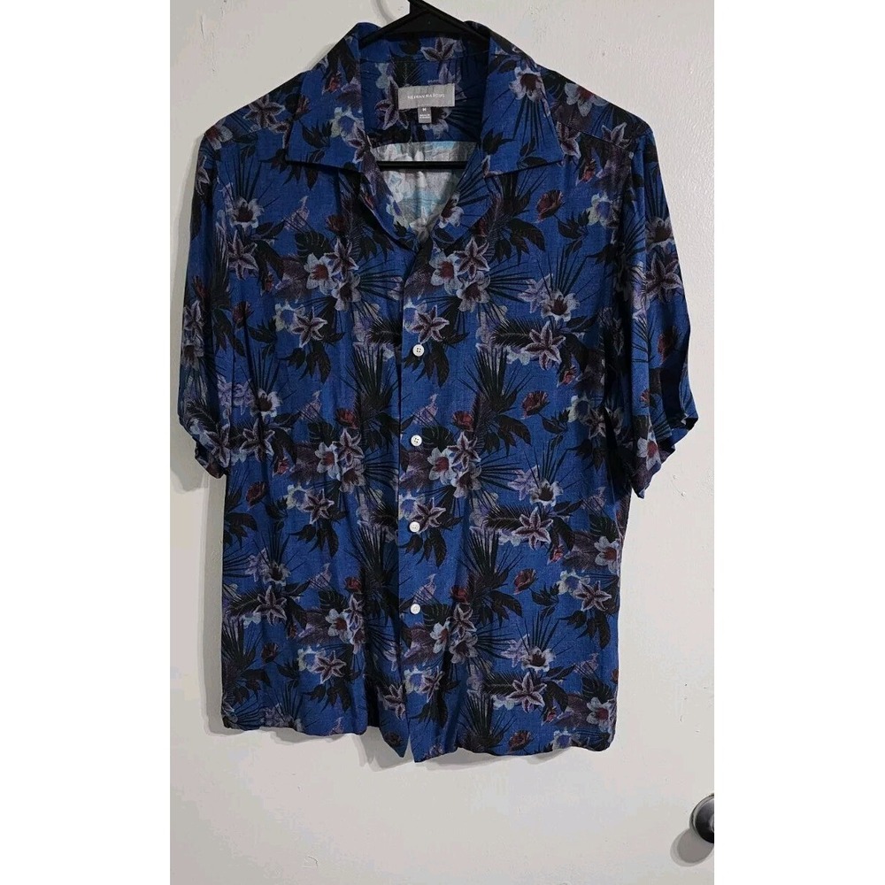 Neiman‎ Marcus Mens Floral Shirt Medium Blue Red Hawaiian Print Vacation Casual